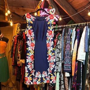 Tahari Blue Sheath Mini Dress with Red Floral Accents